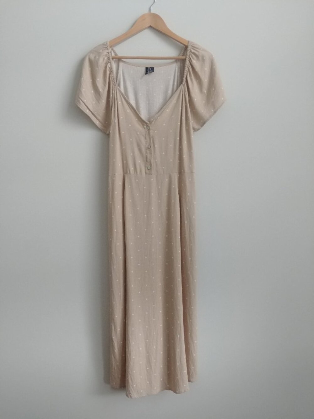 Vero Moda linen blend light tan beige midi dress white polka dot Small